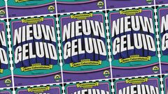 Herhalend patroon van paarse en blauwe posters met grote witte tekst op een grafische achtergrond.