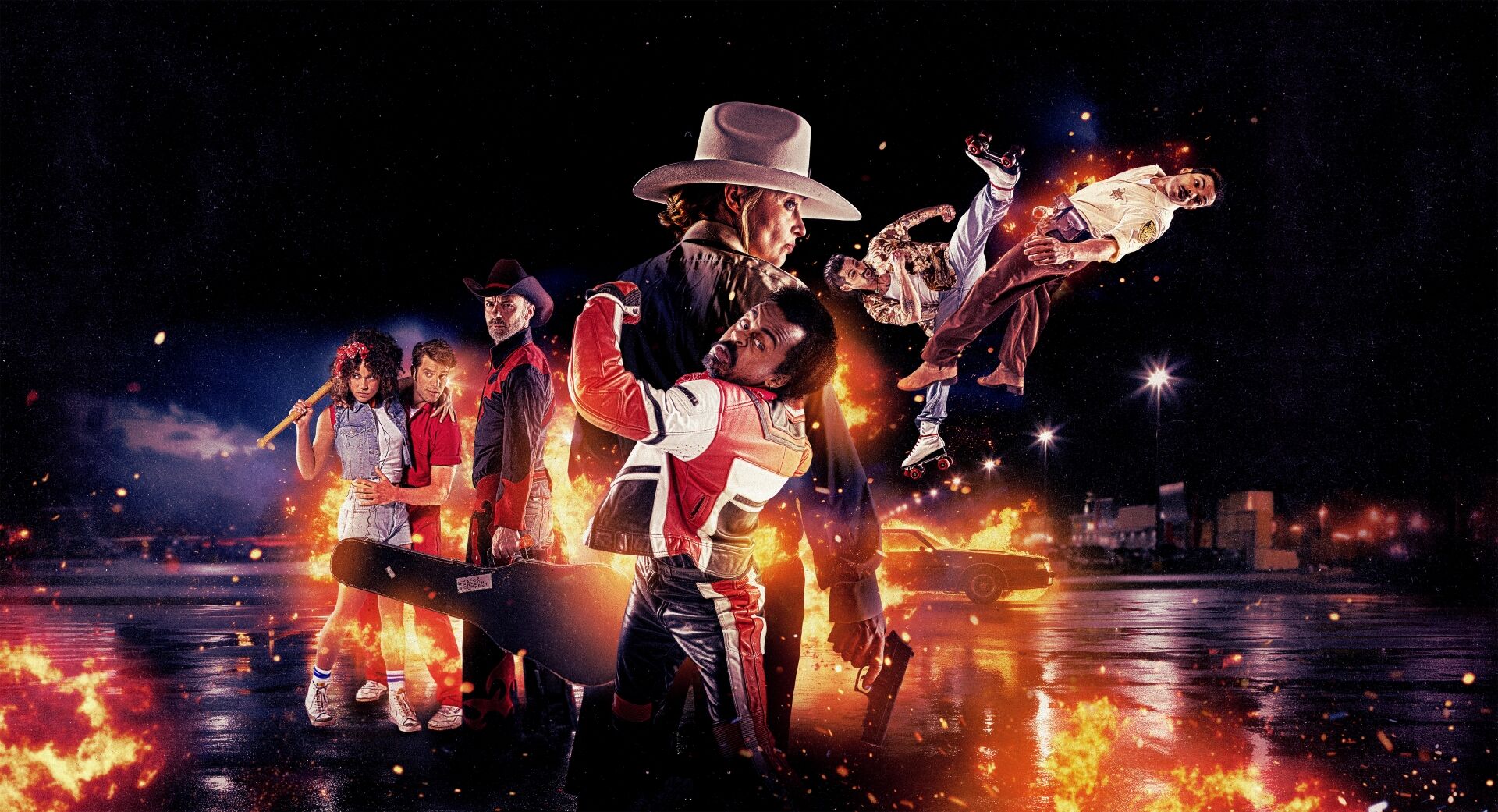 Filmstijl afbeelding met meerdere personages in cowboy- en sportoutfits, tegen een dramatische achtergrond met vlammen en verlichting.