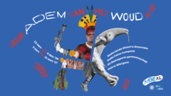 Tekst en illustratie van een campagne over de ademhaling van het woud, met een figuur en een vogelzicht, op een blauwe achtergrond.