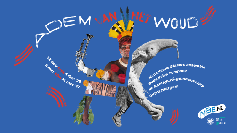 Tekst en illustratie van een campagne over de ademhaling van het woud, met een figuur en een vogelzicht, op een blauwe achtergrond.