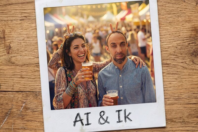 Twee personen staan op een festivalterrein met bekers bier, terwijl één van hen speels konijnenoortjes achter de ander maakt binnen een polaroidkader met de tekst ‘AI & Ik’.