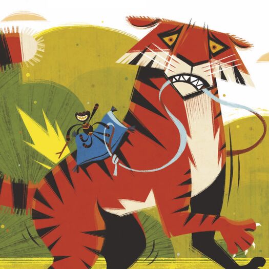 Ene kleurrijke illustratie van een spin die rijdt op een grote, felgekleurde tijger in een levendig landschap.