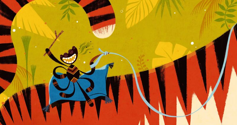 Ene kleurrijke illustratie van een vrolijke spin die met een steel en slang een avontuur beleeft te midden van een jungle-achtergrond.