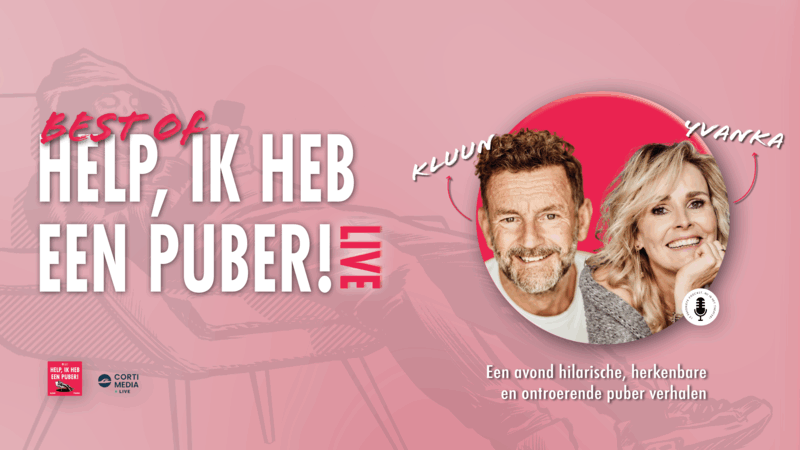 Roze banner voor een live show "Help, ik heb een puber!" met presentatoren en de tekst "Best of".