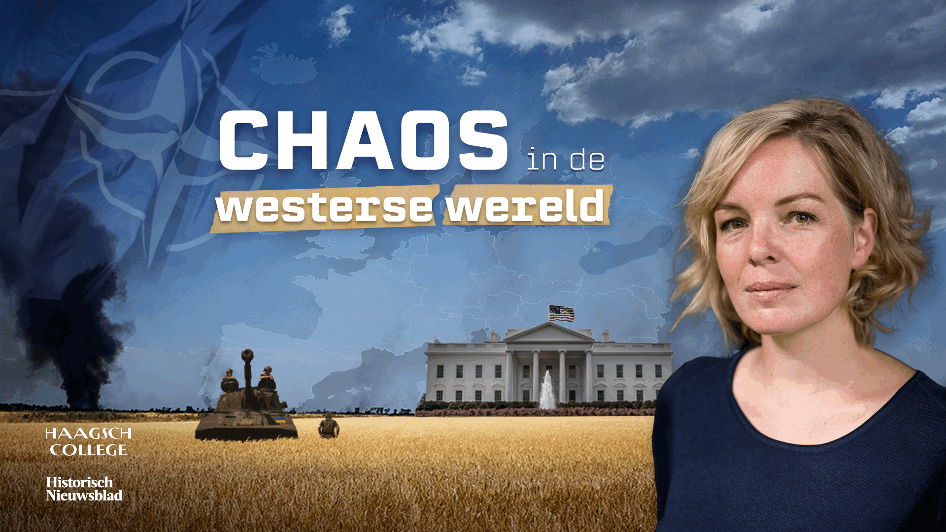Beatrice de Graag voor montage met brandende rook, tanks, graanveld en het Witte Huis.