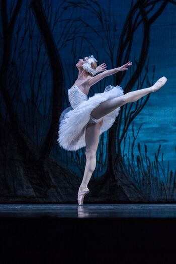Balletdanseres voert een elegante pirouette uit in een witte tutu, met een donkere achtergrond van bomen.