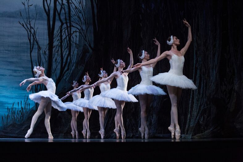 Zes ballerina's in witte tutu's dansen synchroon op een podium met een donker blauwe achtergrond.
