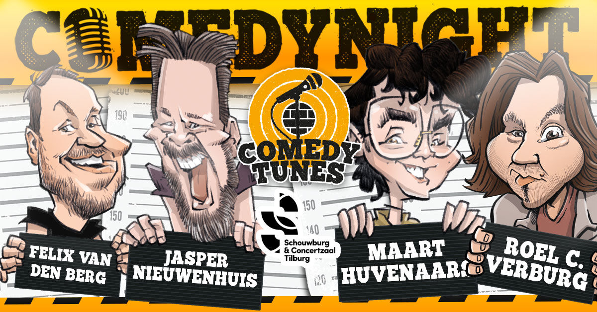 Illustratie voor een comedynight met vier comedians, inclusief hun namen en een microphone-icoon.