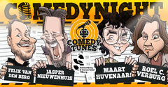 Illustratie voor een comedynight met vier comedians, inclusief hun namen en een microphone-icoon.