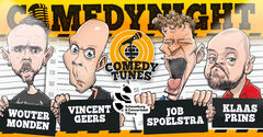 Illustratie voor een comedynight met vier comedians, inclusief hun namen en een microphone-icoon.