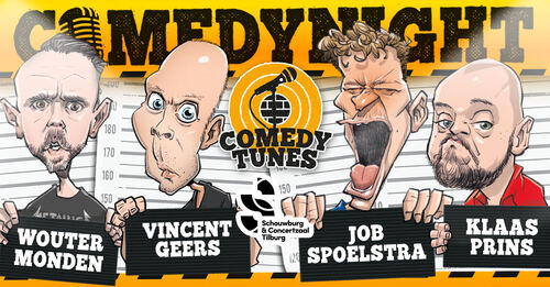 Illustratie voor een comedynight met vier comedians, inclusief hun namen en een microphone-icoon.