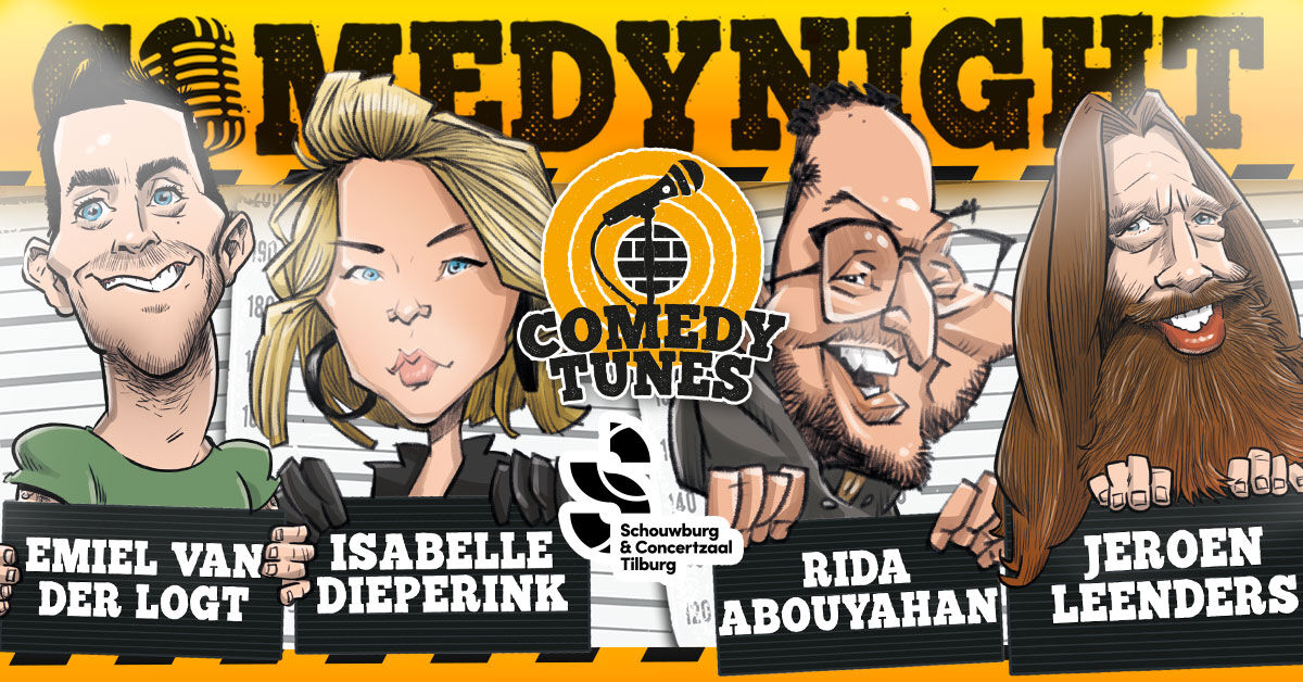 Illustratie voor een comedynight met vier comedians, inclusief hun namen en een microphone-icoon.
