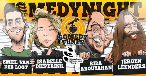 Illustratie voor een comedynight met vier comedians, inclusief hun namen en een microphone-icoon.