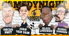 Illustratie voor een comedynight met vier comedians, inclusief hun namen en een microphone-icoon.