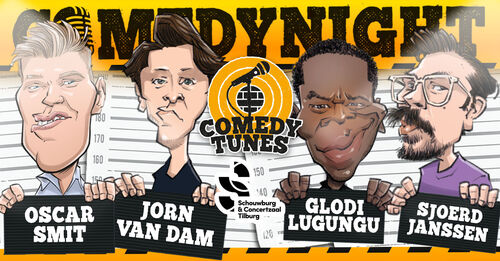 Illustratie voor een comedynight met vier comedians, inclusief hun namen en een microphone-icoon.