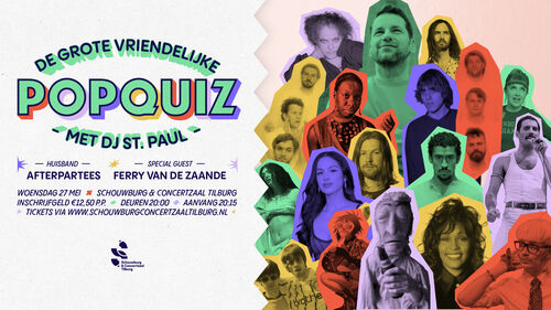 Een promotionele poster voor de 'Grote Vriendenlijken Popquiz' met DJ St. Paul, inclusief kleurrijke portretten van deelnemers.
