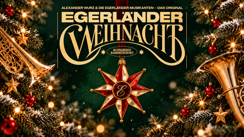 Decoratieve afbeelding voor "Egerländer Weihnachts" met gouden letters, kerstster en takken met versieringen.