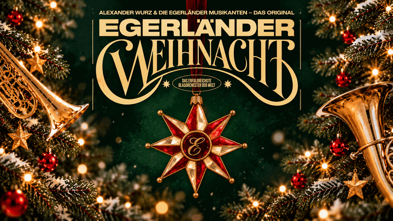 Decoratieve afbeelding voor "Egerländer Weihnachts" met gouden letters, kerstster en takken met versieringen.