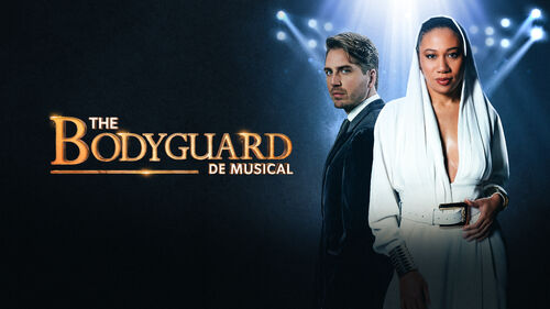 Twee hoofdrolspelers van de musical "The Bodyguard", staand in spotlight met een dramatische achtergrond.