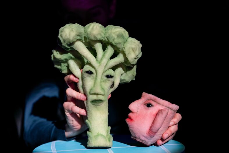Een hand houdt een broccolizak met een gezicht naast een gezicht van een pop.