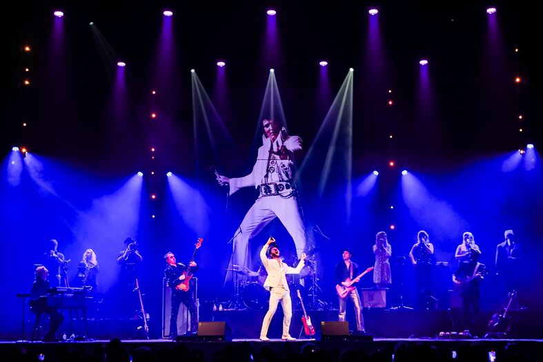 Een muzikale voorstelling met een zanger op het podium voor een grote projectie van een dansende artiest.