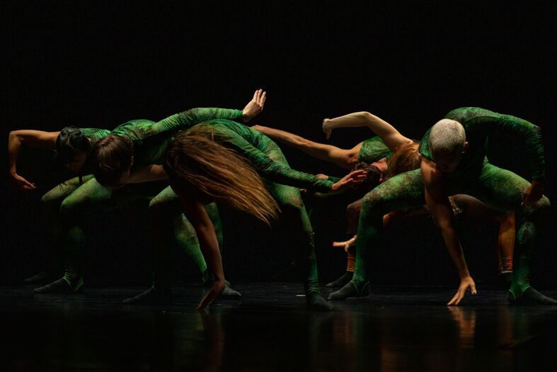 Groep dansers in groene en beige kostuums voert een dynamische choreografie uit op een donkere achtergrond.