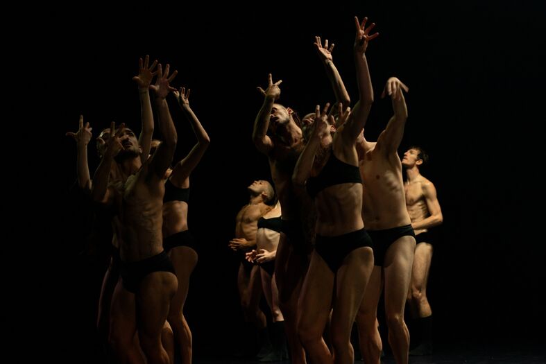 Groep dansers in zwarte kleding, met expressieve houdingen en armen omhoog in een donkere ruimte.