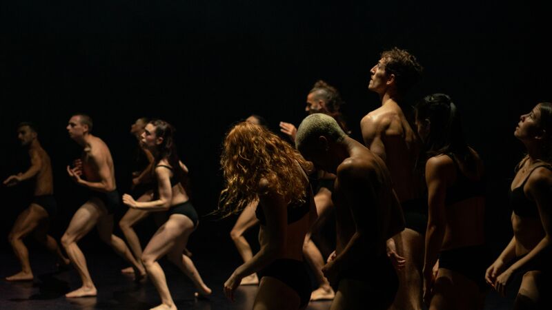 Groep dansers in zwart undressed kleding, bewegend op een donkere podium met dramatische verlichting.