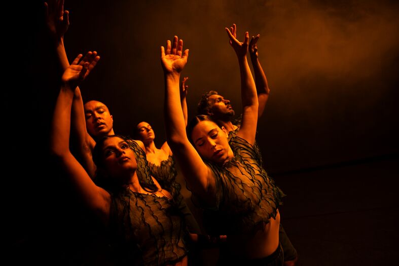 Vijf dansers in lichte, doorzichtige kleding, met uitgestrekte armen en een sfeervolle, donkere achtergrond.