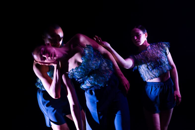 Drie dansers in expressieve poses, met dim verlichting en kleurrijke schaduwen, in een levendige choreografie.