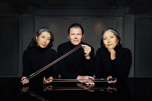 Drie muzikanten in zwarte kleding, zittend aan een tafel met strijkinstrumenten in hun handen, tegen een neutrale achtergrond.