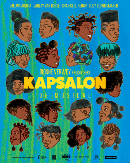 Alt-tekst: "Affiche van de musical 'Kapsalon', met diverse kapsels en enthousiaste gezichten op een kleurrachte achtergrond."