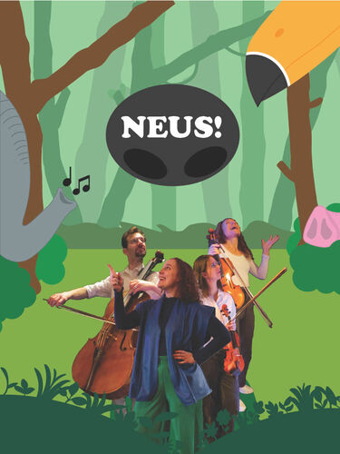 Illustratie van een kleurrijke bosomgeving met muzikanten en de tekst "NEUS!" in een spraakwolk.