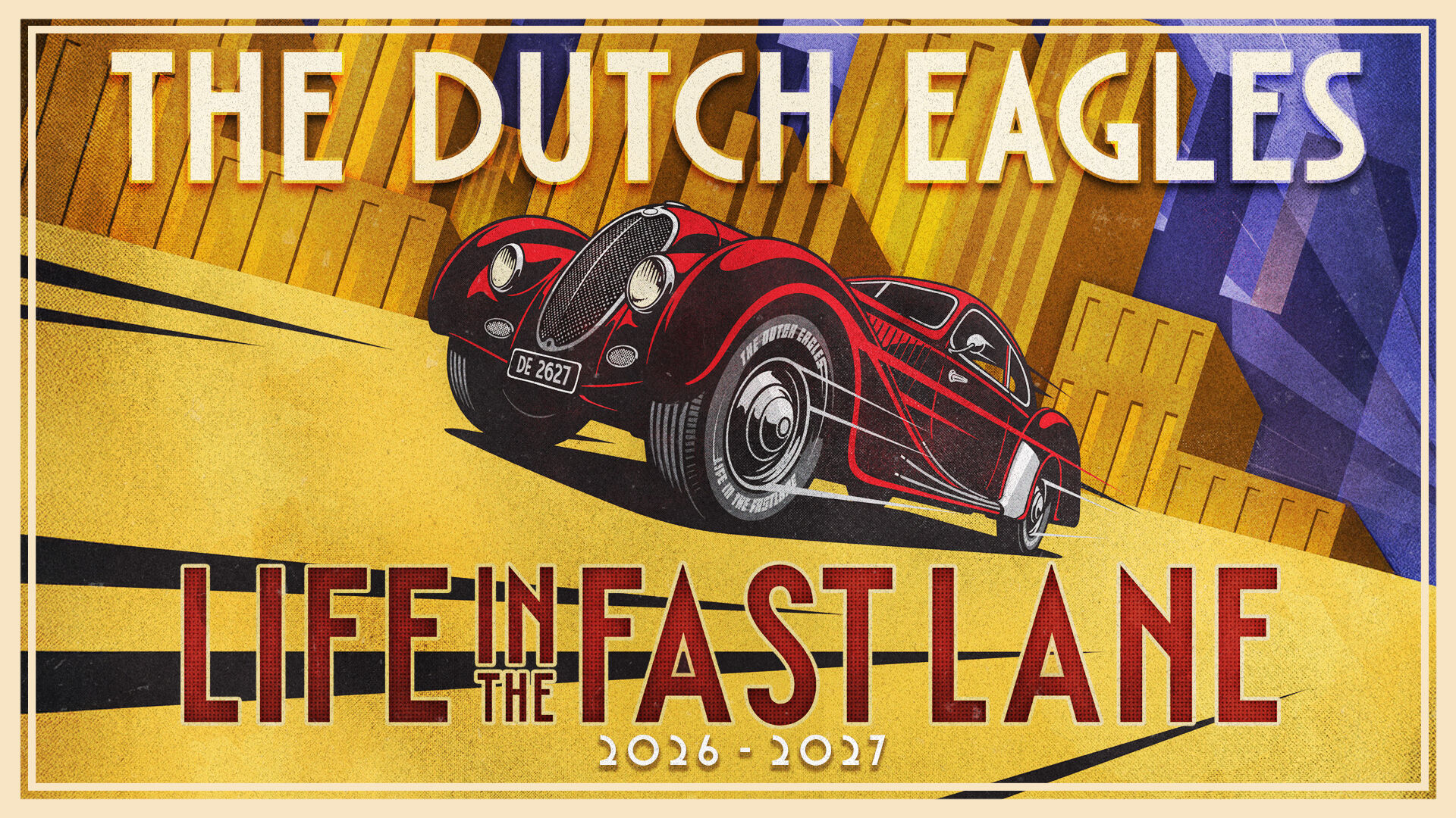 Vintage affiche van The Dutch Eagles met een rode auto en een achtergrond van gele skyscrapers in art-decostijl.
