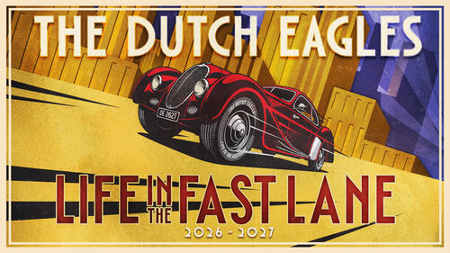 Vintage affiche van The Dutch Eagles met een rode auto en een achtergrond van gele skyscrapers in art-decostijl.
