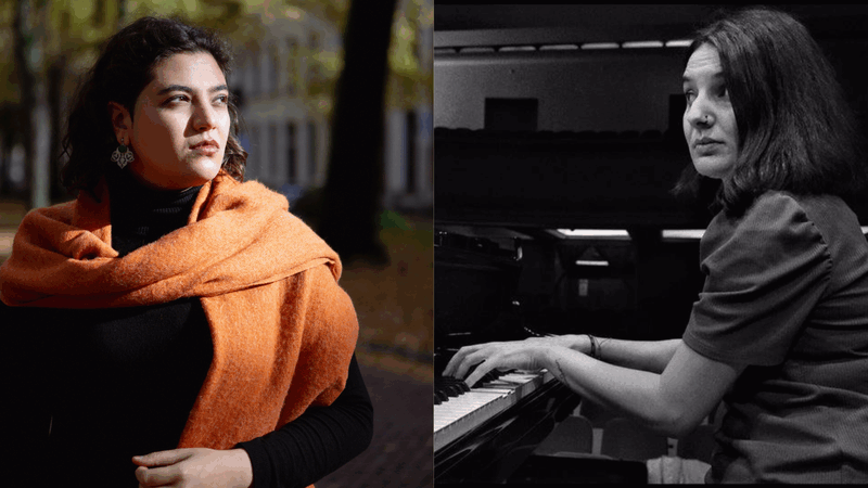 Portret van twee vrouwen: links met een oranje sjaal in een buitenomgeving, rechts een vrouw die achter een piano zit en speelt.