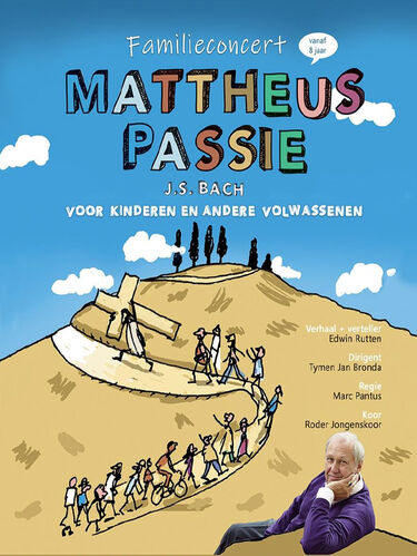 Illustratie van een advertentie voor een familiekoncert van Mattheus Passie, gericht op kinderen en volwassenen, met kleurrijke tekst en een afbeelding van een oudere man.