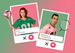 Wisselend gekantelde polaroidachtige sportportretten van twee personen met felgekleurde achtergronden, één met volleybal en één met badmintonracket, elk voorzien van een naamlabel en icoontjes.