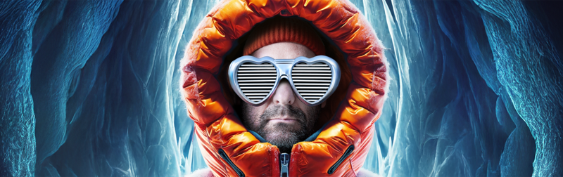 Ronald Goedemondt met oranje winterjas en hartvormige zonnebril staat tussen blauwe ijsschachten.