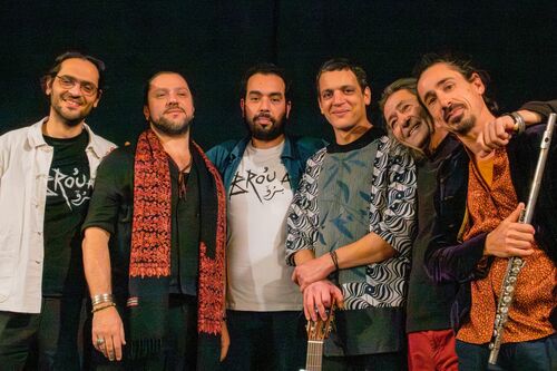 Zes muzikanten poseren samen op het podium, gekleed in verschillende kleurrijke outfits.