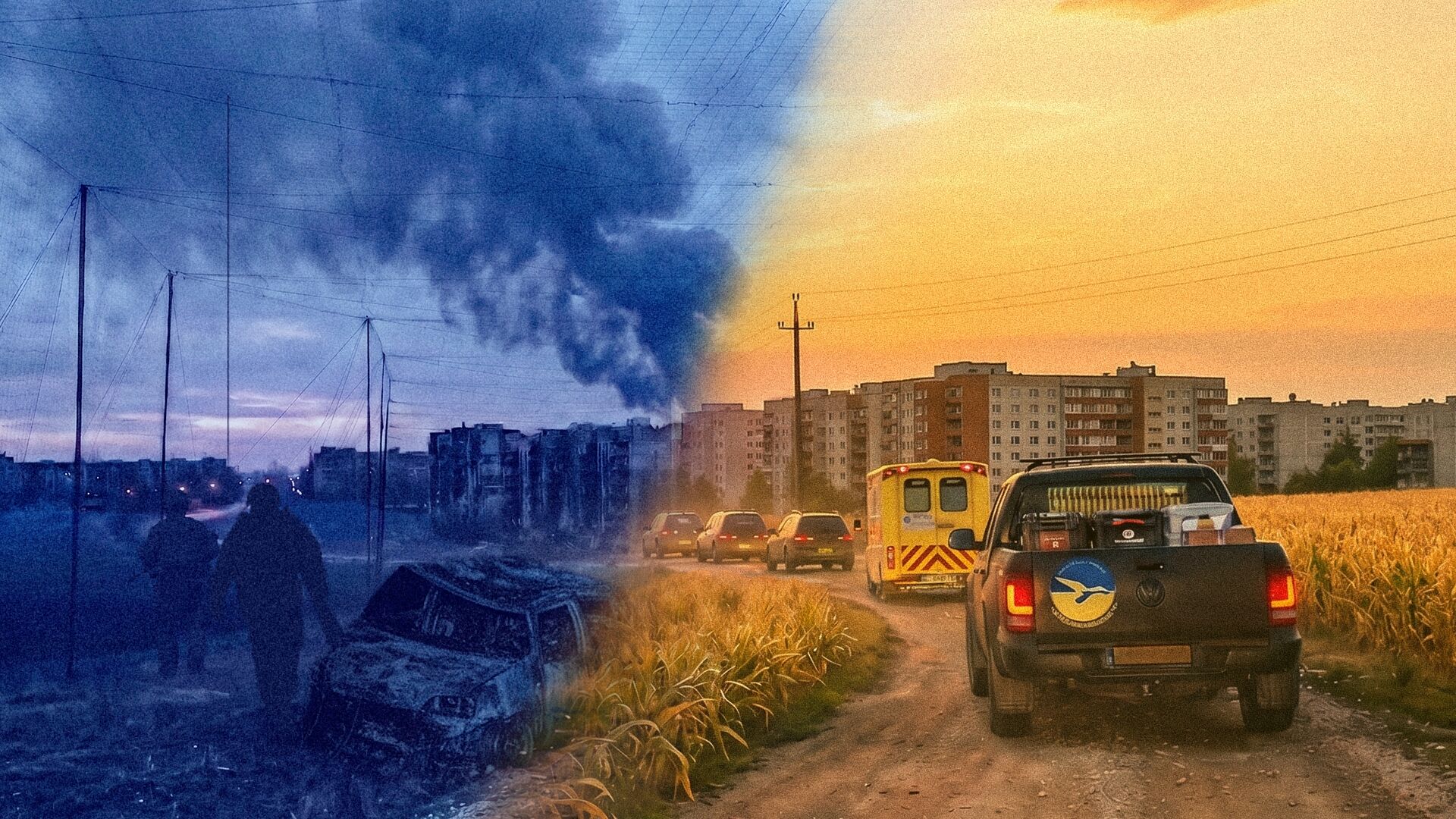 Afbeelding met een split-screen: links rook en verwoesting, rechts een zonnig landschap met voertuigen en gebouwen.
