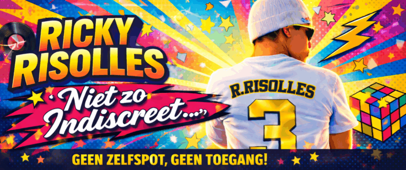 Persoon van achteren in wit sportshirt met nummer, kleurrijke grafische achtergrond.