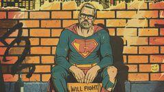 Getekende superheld zit tegen bakstenen muur met karton ‘Will fight crime for money’.