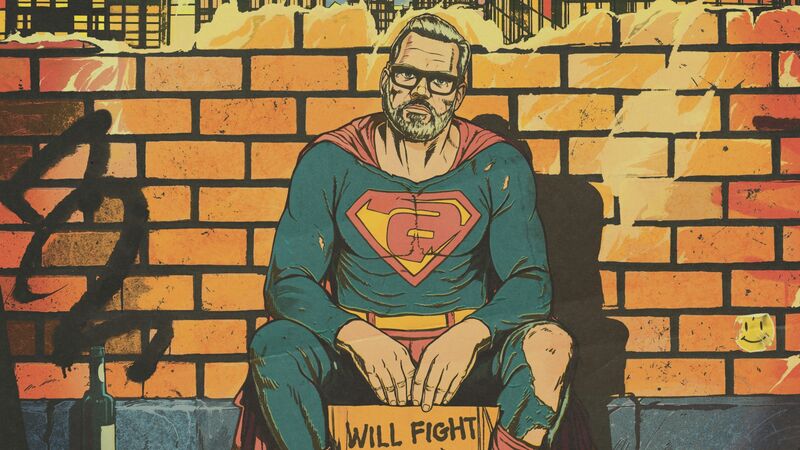Getekende superheld zit tegen bakstenen muur met karton ‘Will fight crime for money’.