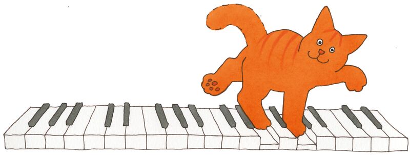 Een oranje kat die op een piano staat en op de toetsen loopt.