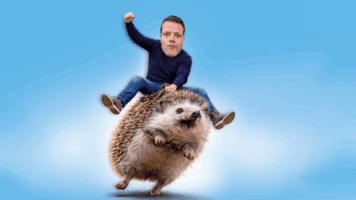 Martijn Koning met vergroot hoofd zit alsof hij rijdt op een grote rennende egel tegen een blauwe achtergrond.