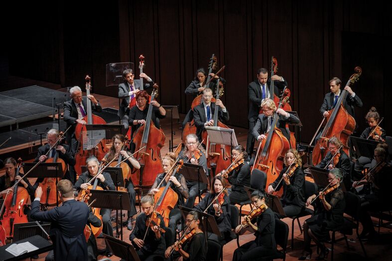 Een orkest bestaande uit musici met verschillende instrumenten, samenspelend op een podium.
