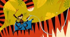 Ene kleurrijke illustratie van een vrolijke spin die met een steel en slang een avontuur beleeft te midden van een jungle-achtergrond.