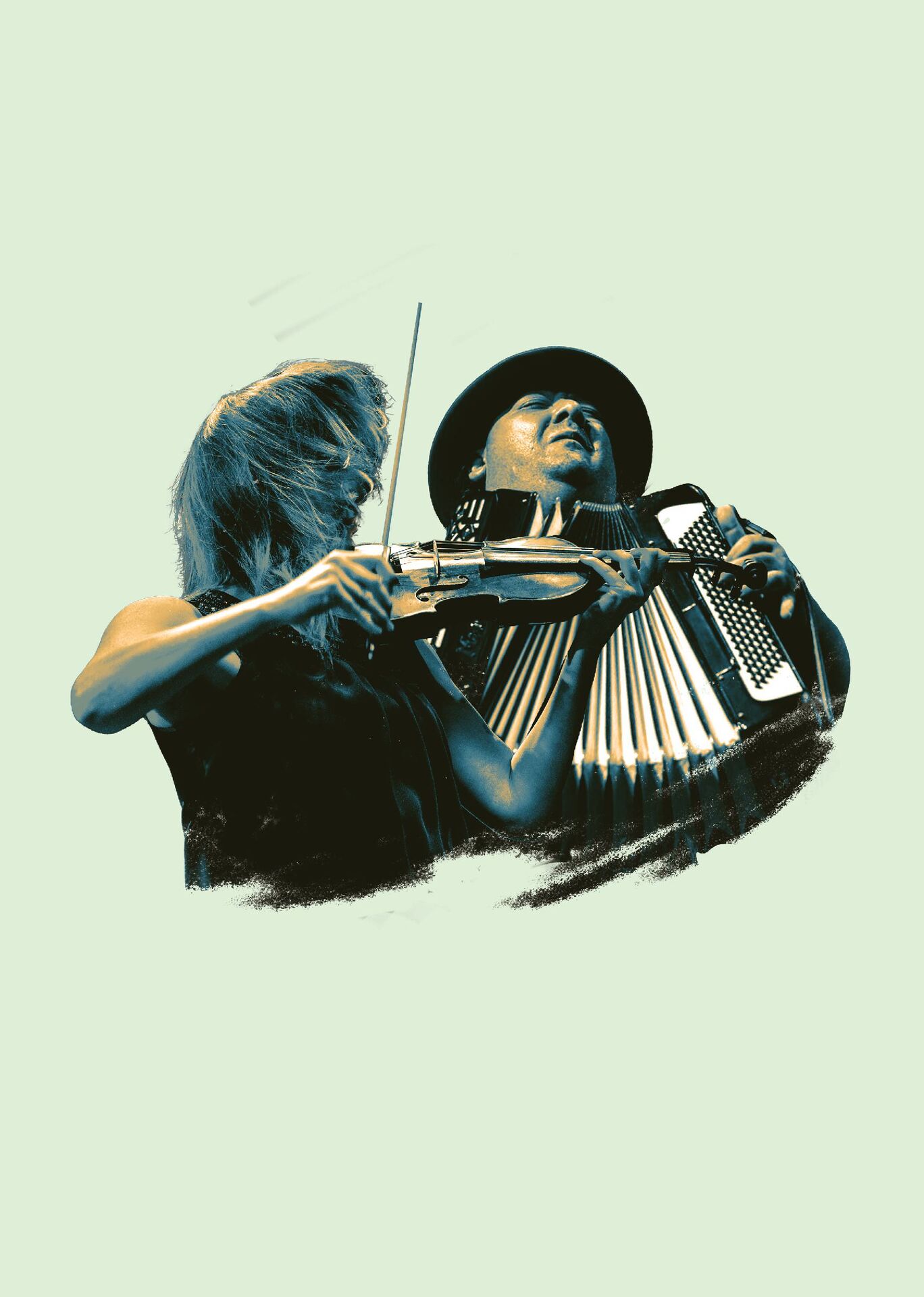 Twee muzikanten spelen samen, één met een viool en de ander met een accordeon, op een lichte achtergrond.