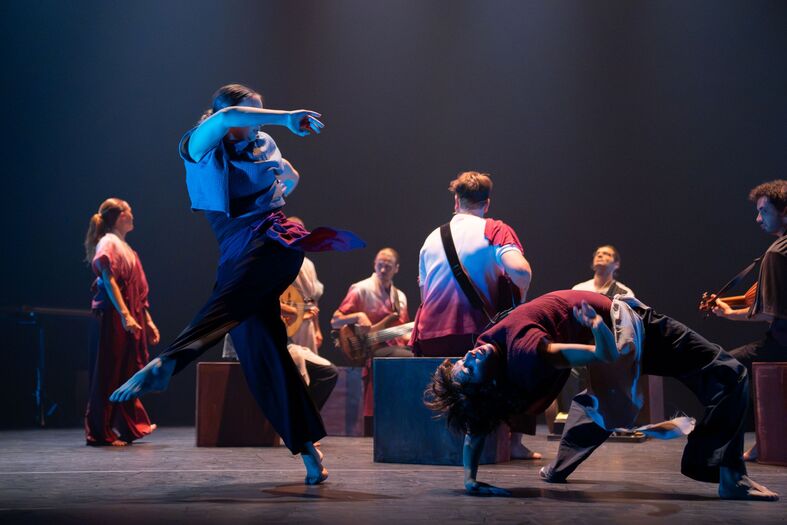 Groep dansers in een theatrale setting, uitgevoerd op een podium met diverse poses en expressieve bewegingen.